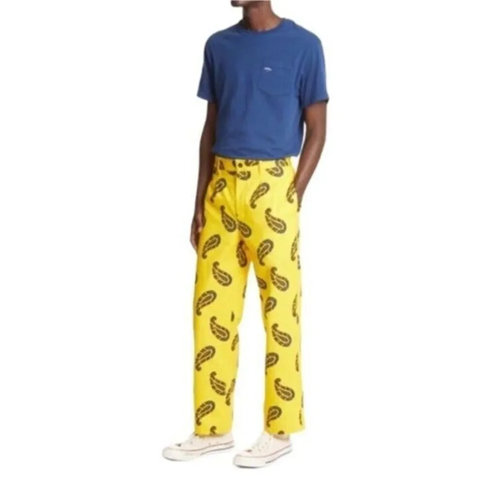Noah NWT Floral Paisley Pleated Chino Pants Trousers Yellow SIZE 32 Mens